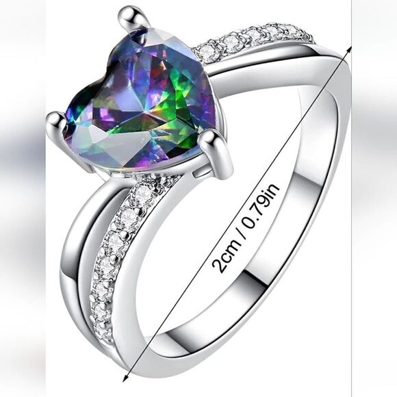 Love Heart Shaped Ring Rainbow Zircon Size 8 - Picture 5 of 6